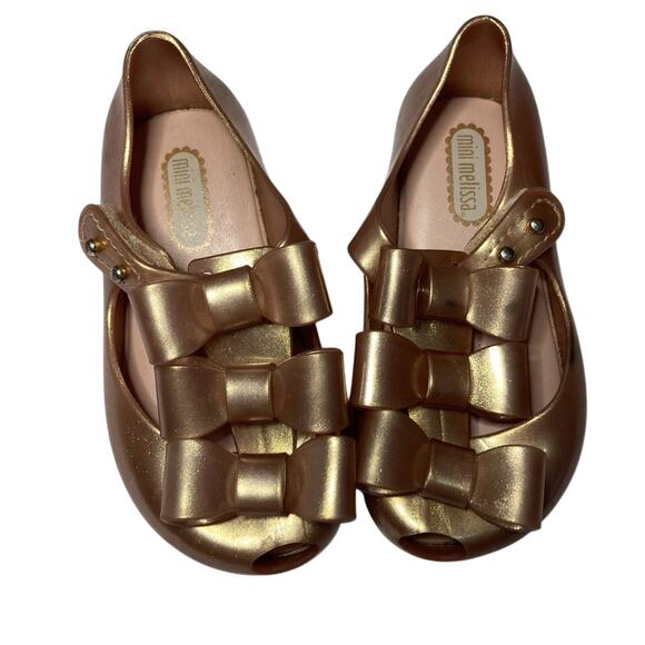 Mini Melissa Ultragirl Triple Bow Rose Gold Glitter Sparkly Dress Flats Shoes